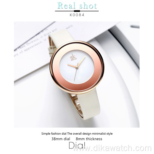 SHENGKE New Leather Strap Buckle Women Watches 38 MM Big Top Brand Simple Watch Reloj Mujer Dial Quartz Luxury Ladies Watches